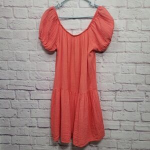 NEW Stark X Gauzy Tiered Dress Size M Coral Orange Puff Sleeves Cottage Boho‎